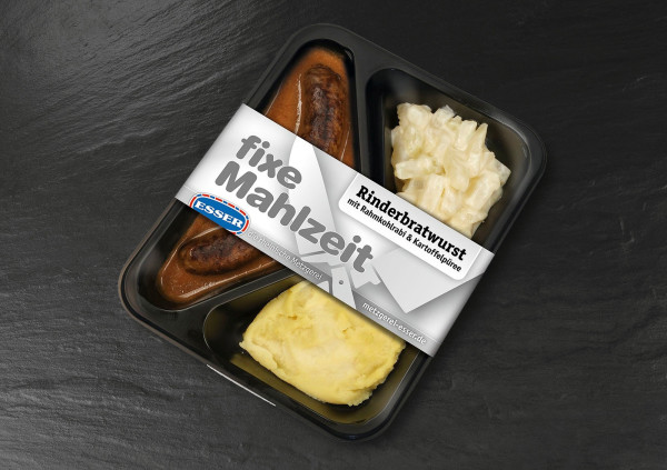 Rinderbratwurst mit Rahmkohlrabi und Kartoffelpüree